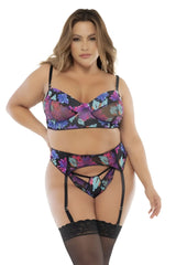 Black floral-patterned lingerie set with sheer mesh and lace trim mapale 8770x three piece dream flower print