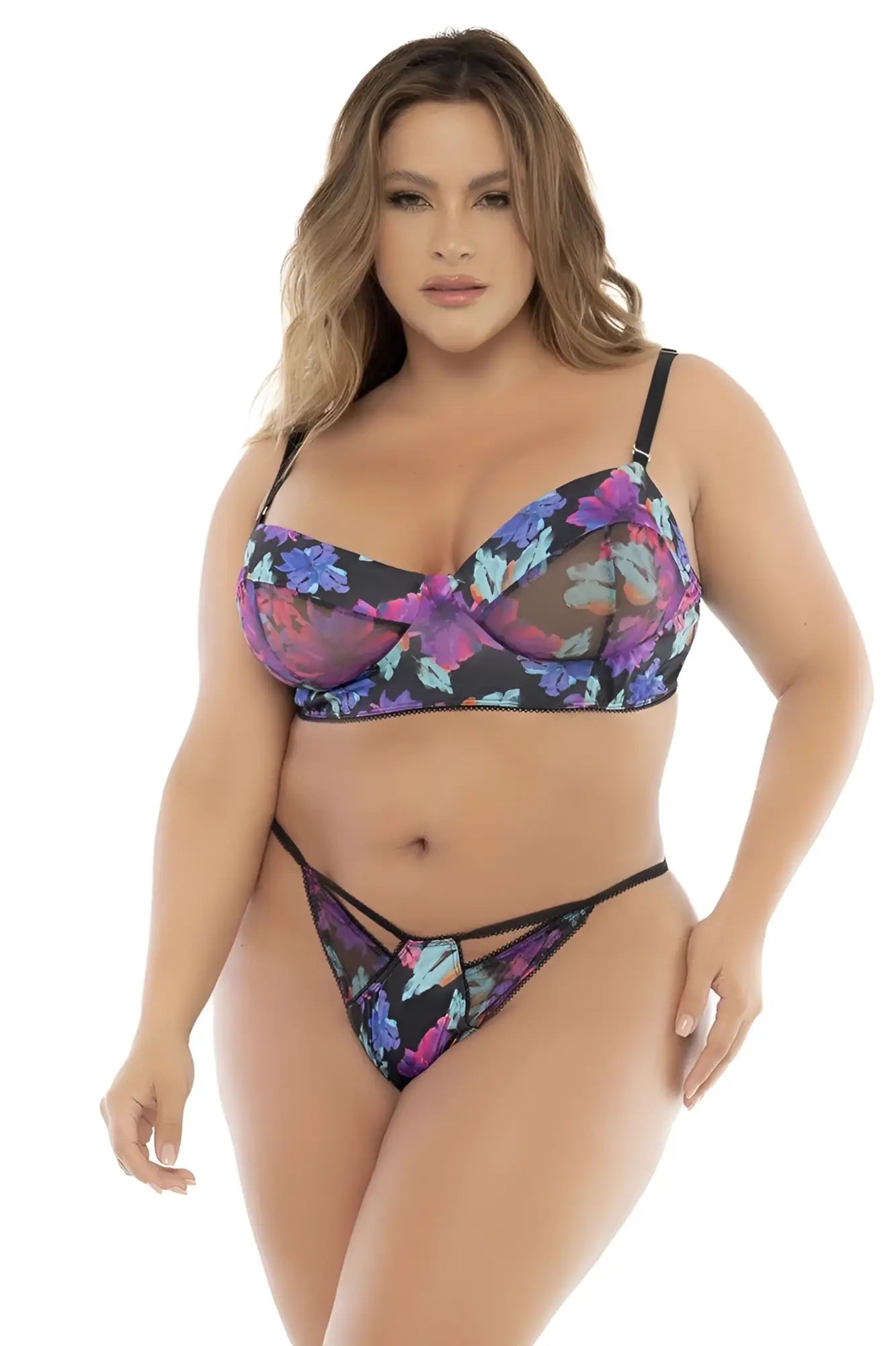 Black lace bra with vibrant purple and blue floral pattern from mapale 8770x three piece set dream flower print