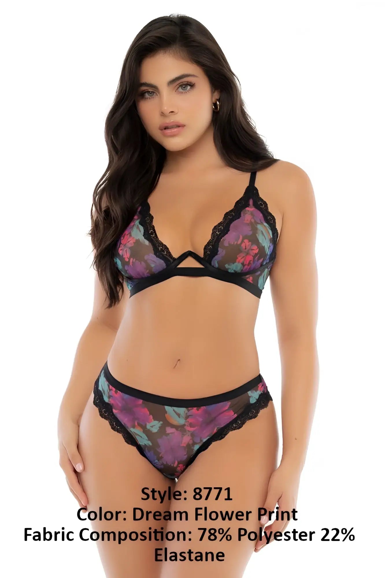 Black lace trimmed bra and panties set with vibrant purple pink and teal dream flower print by Mapale 8771