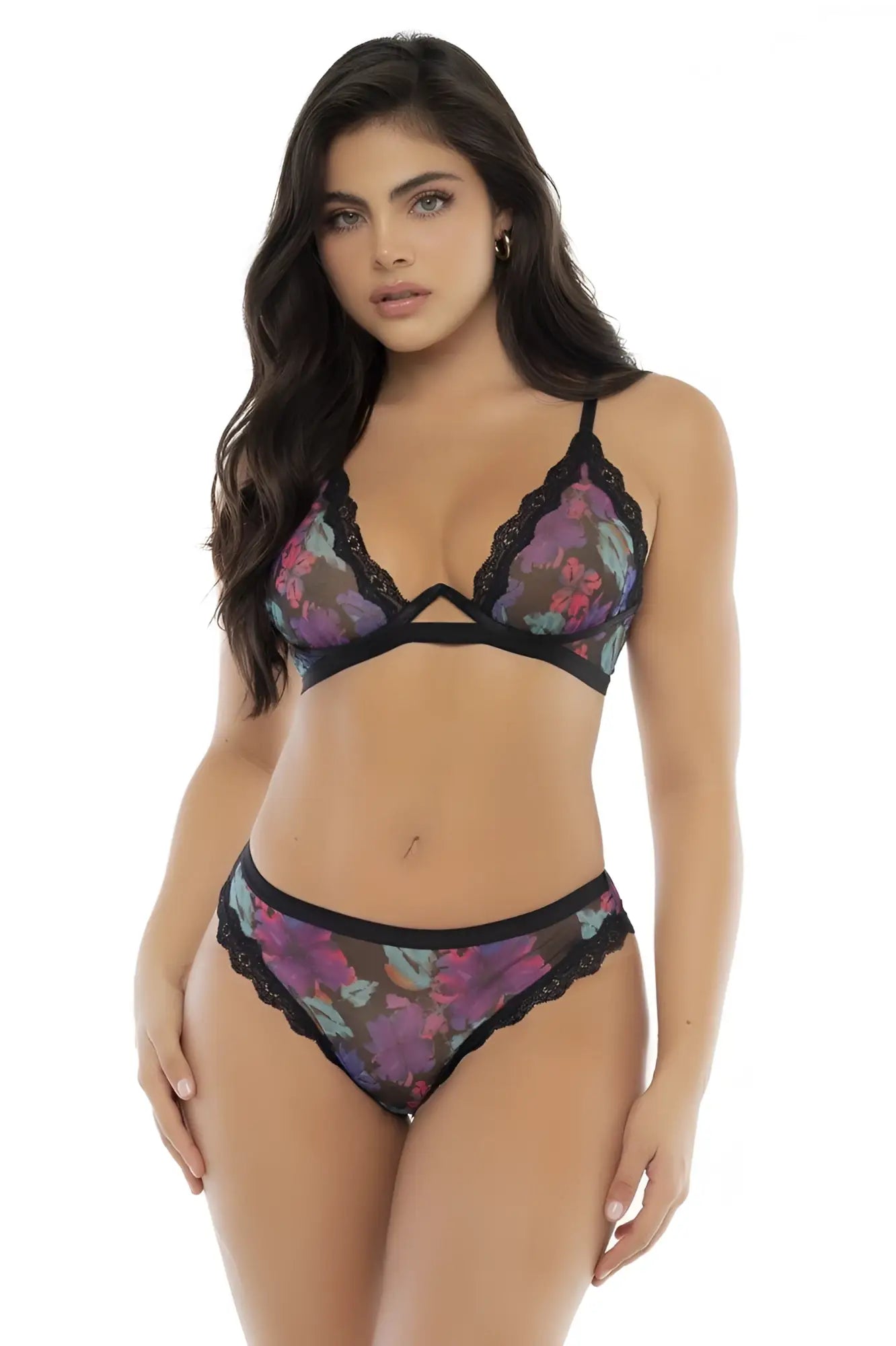 Mapale 8771 two piece set black lace trimmed floral lingerie with purple and pink blossoms on sheer mesh base