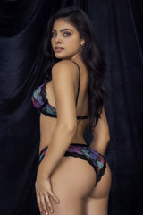 Black lace-trimmed lingerie two piece set with vibrant purple blue and pink floral print by mapale 8771