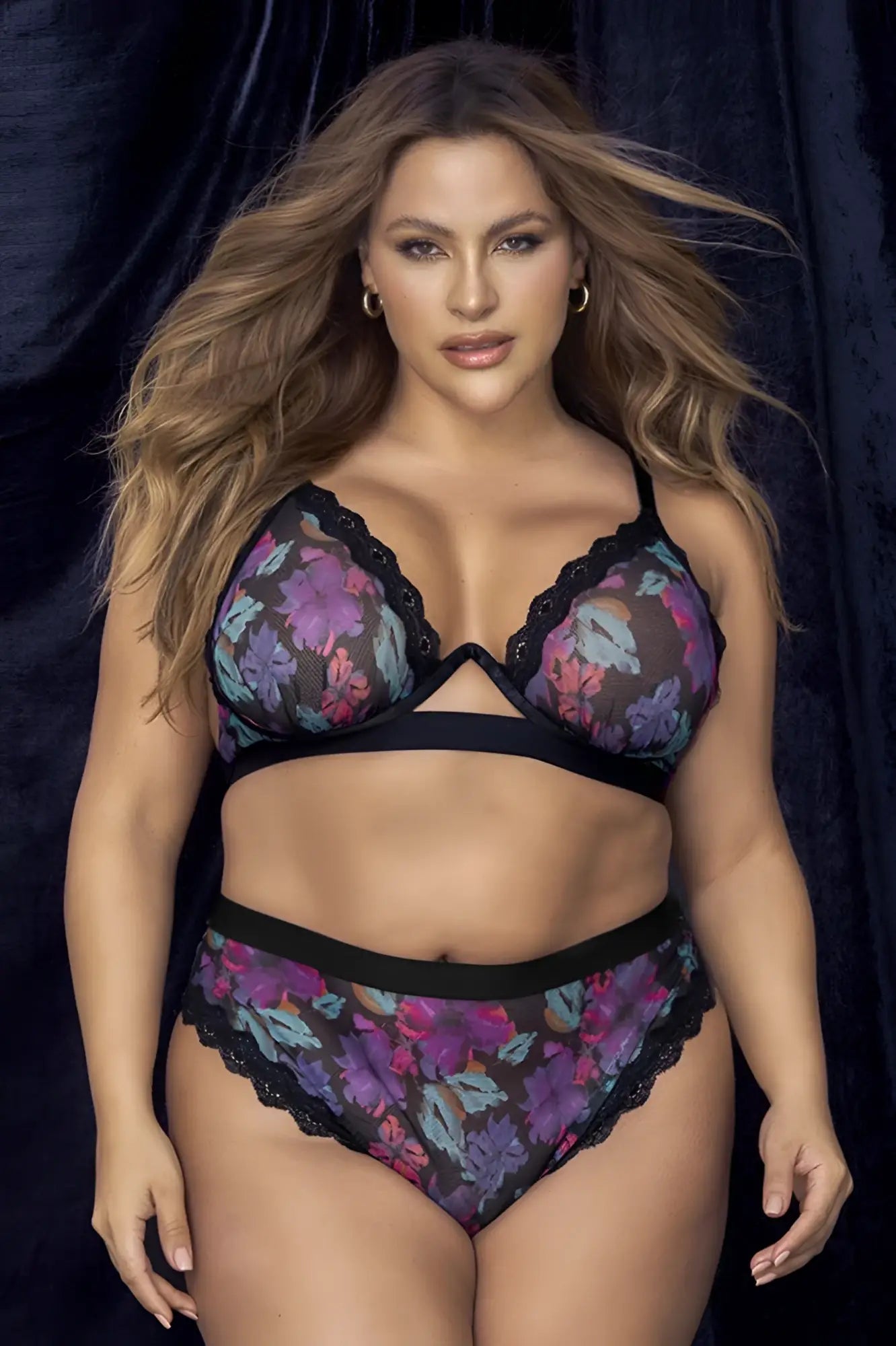 Mapale 8771x two piece set black lace trimmed floral bra and panties with purple pink and teal blossoms
