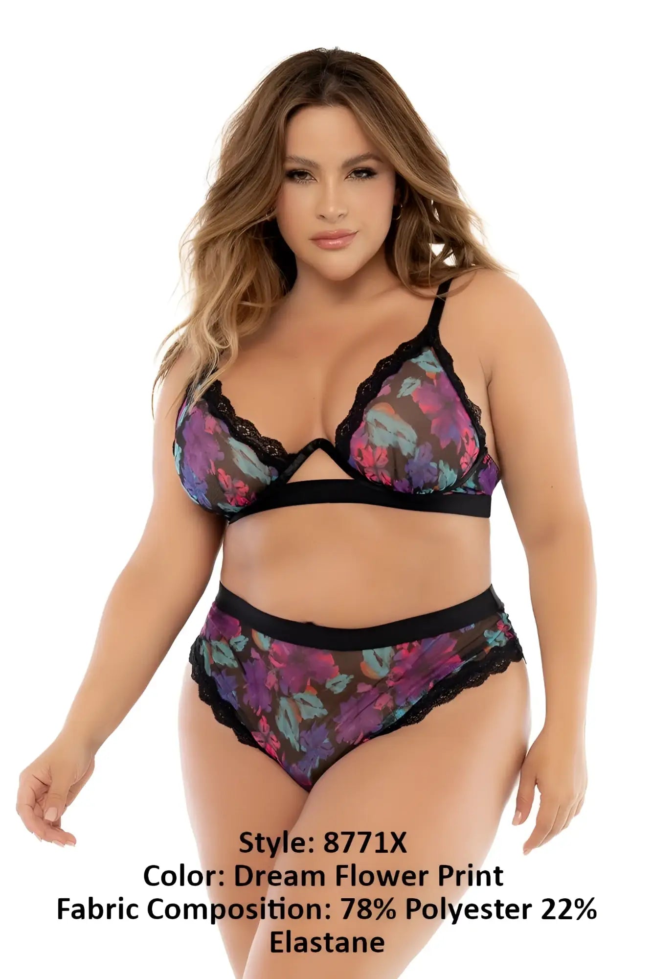 Mapale 8771X two piece plus size lingerie set with black lace trim and vibrant dream flower print in purple pink teal