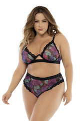 Purple and pink floral lace bra set with black trim from mapale 8771x two piece dream flower print collection
