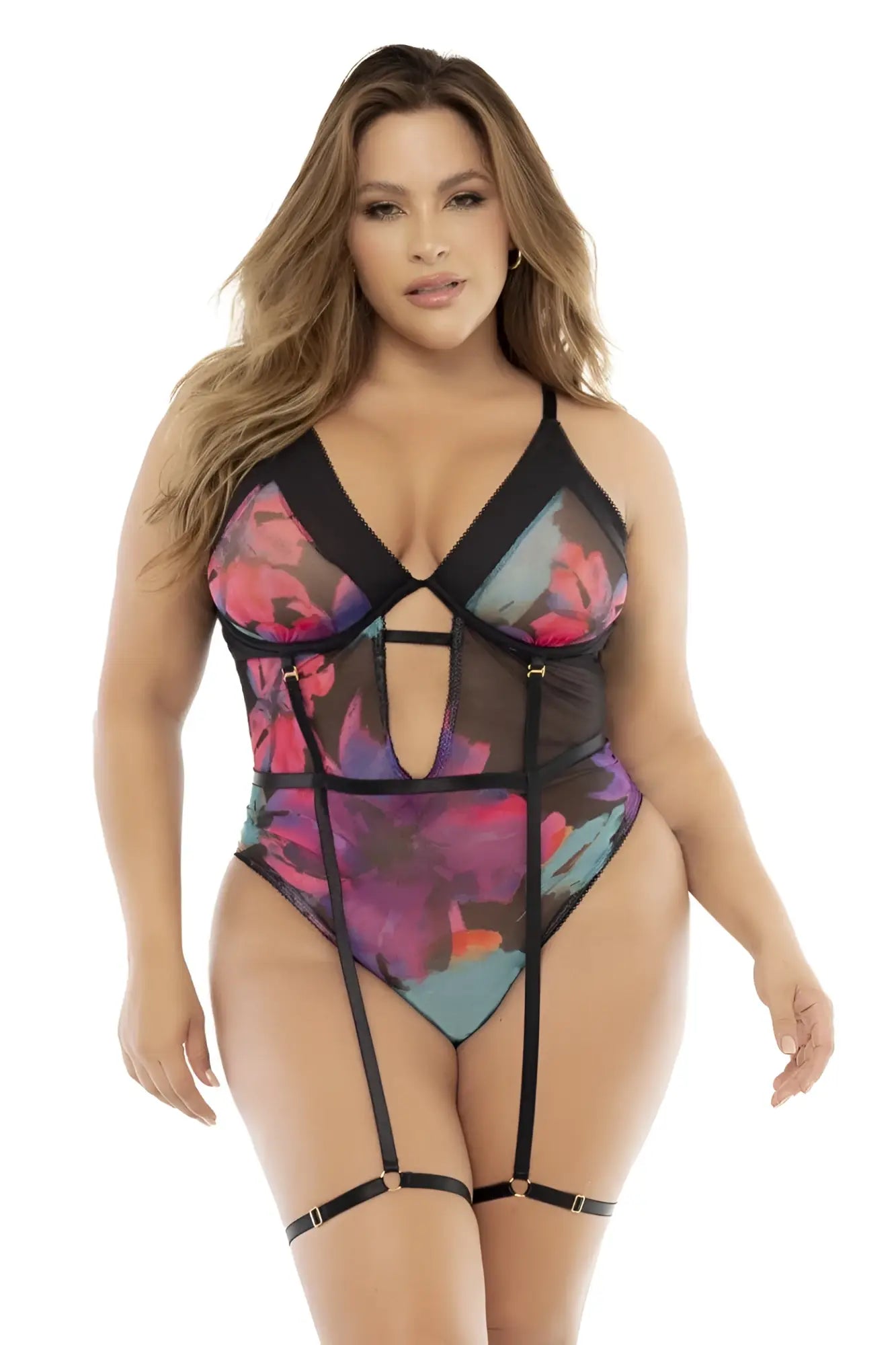 Mapale 8774X plus-size floral corset-style bodysuit with black mesh panels suspenders in vibrant pink purple teal design