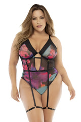 Mapale 8774X plus-size floral corset-style bodysuit with black mesh panels suspenders in vibrant pink purple teal design