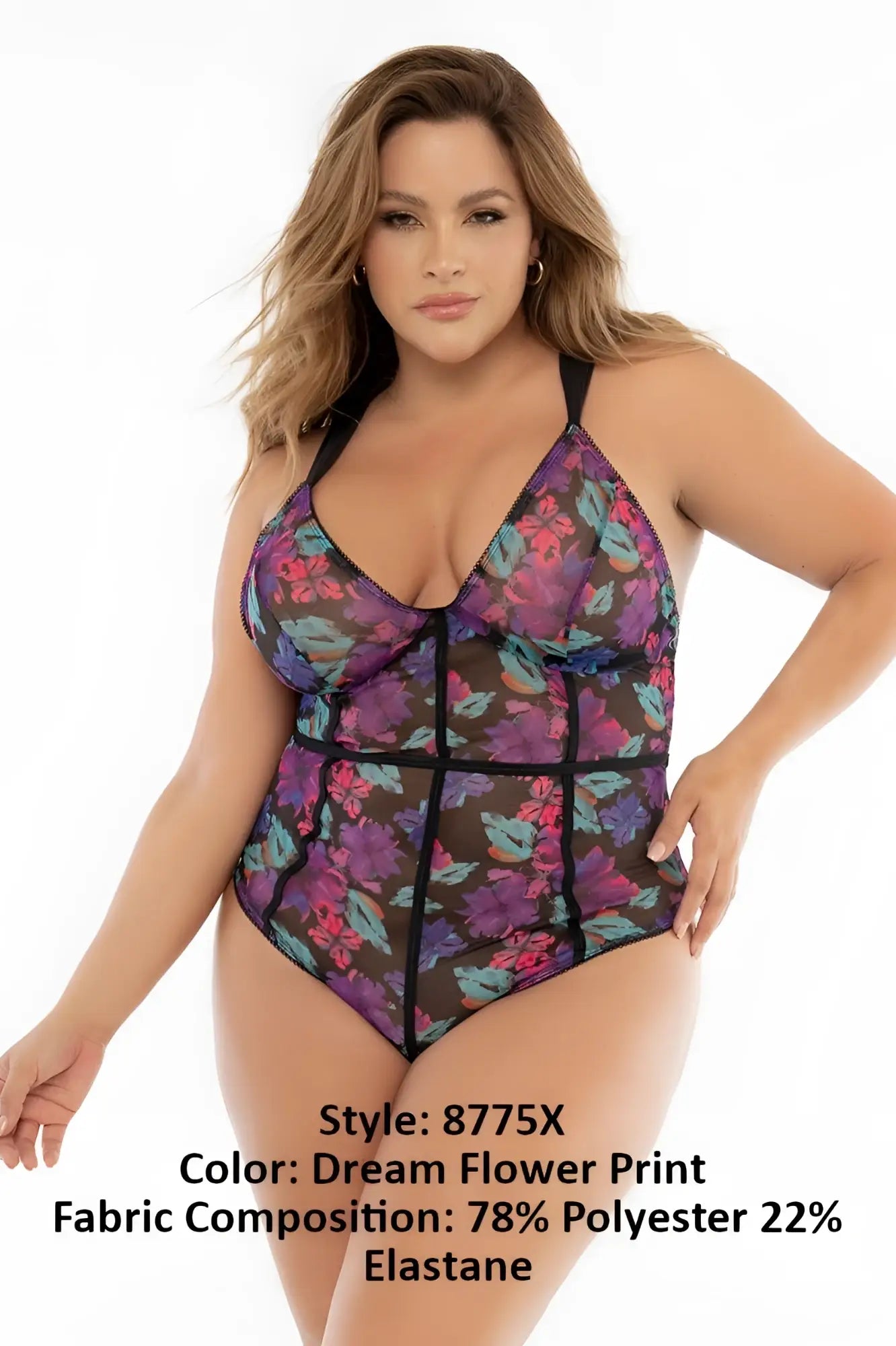 A plus-size Mapale 8775X teddy with sheer black mesh and vibrant purple pink teal floral print accents