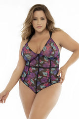 Mapale 8775X teddy plus-size one-piece bodysuit with sheer purple and pink floral print and black lace trim