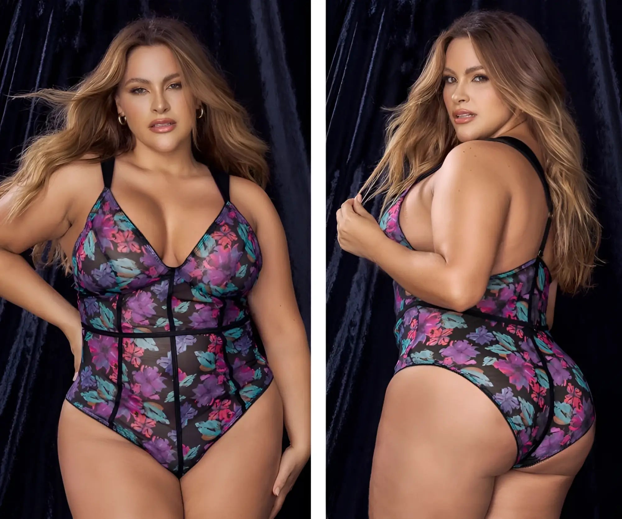 Mapale 8775x teddy color dream flower print plus-size one-piece bodysuit with vibrant floral purple pink teal on sheer black mesh