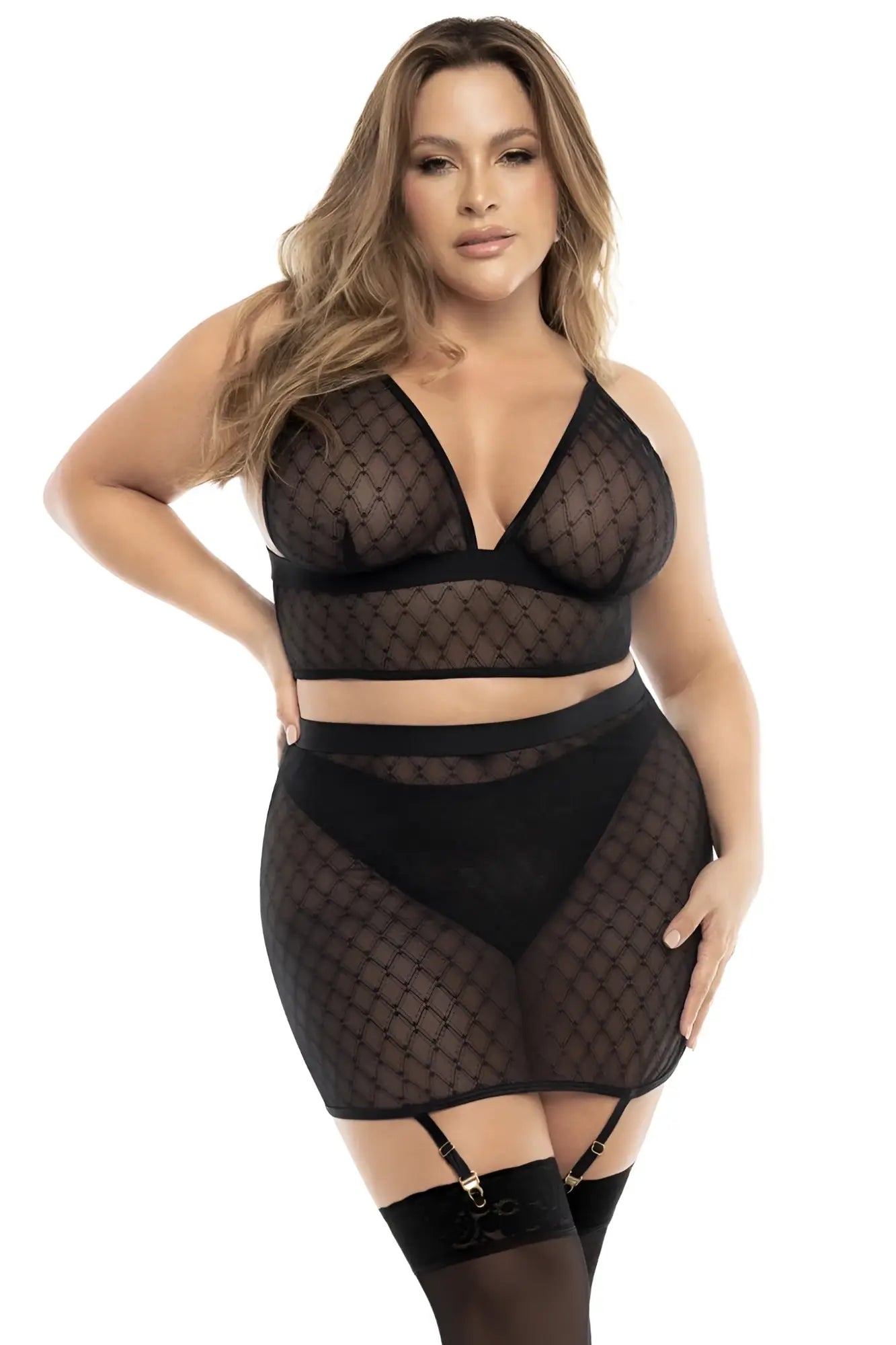 Black sheer mesh lingerie set with diamond pattern and matching garter belt by Mapale 8776X three piece set