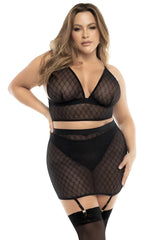Black sheer mesh lingerie set with diamond pattern and matching garter belt by Mapale 8776X three piece set