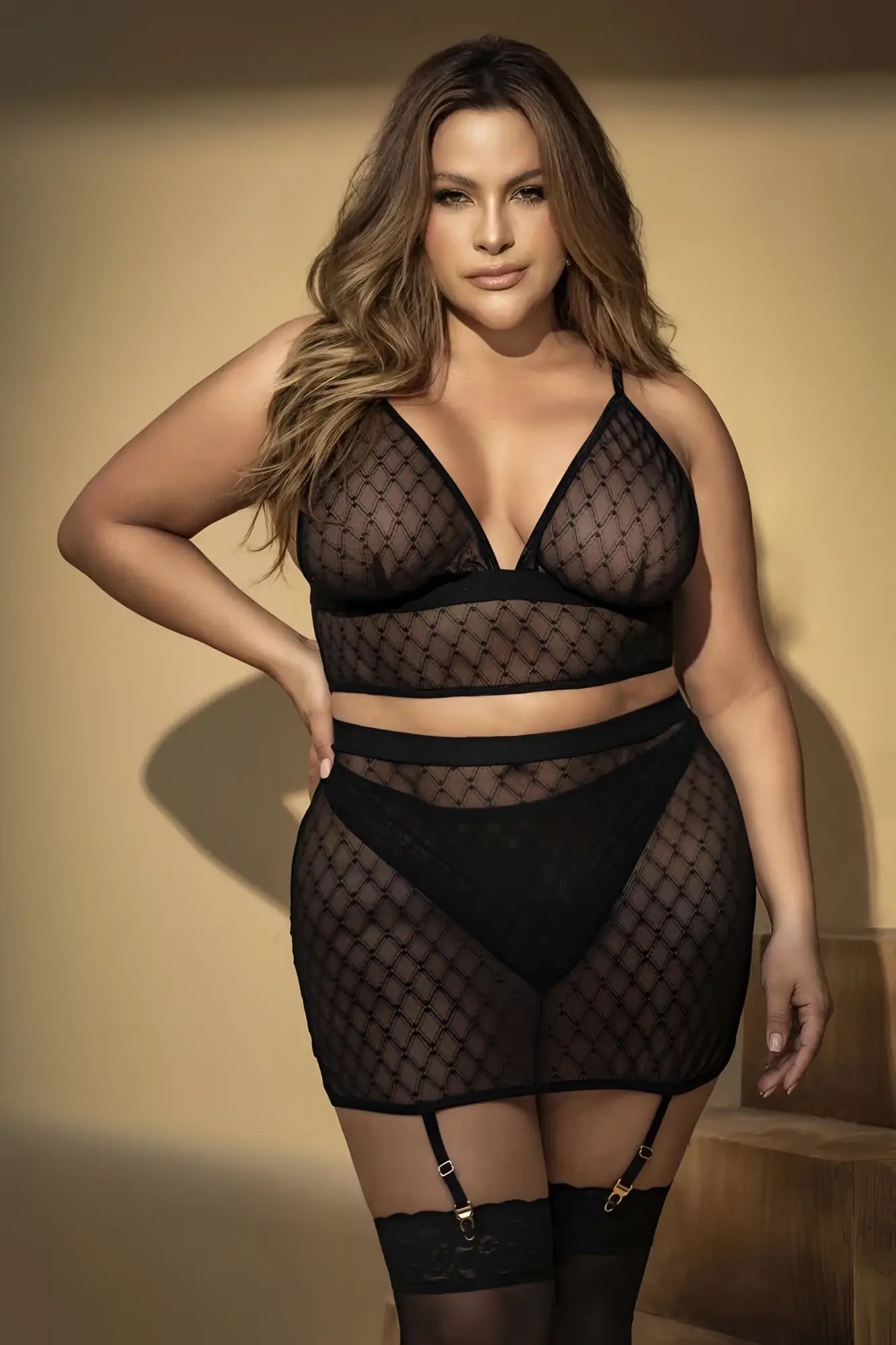 Mapale 8776x three piece set black sheer mesh lingerie with diamond pattern and lace trim