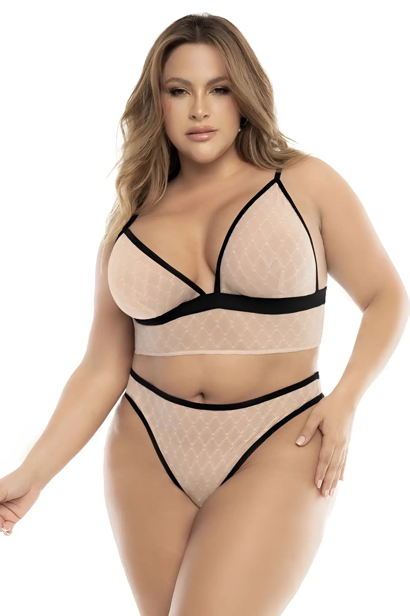 Mapale 8776x three piece set featuring beige lace bra and matching high-waisted panties with black trim in nude-black