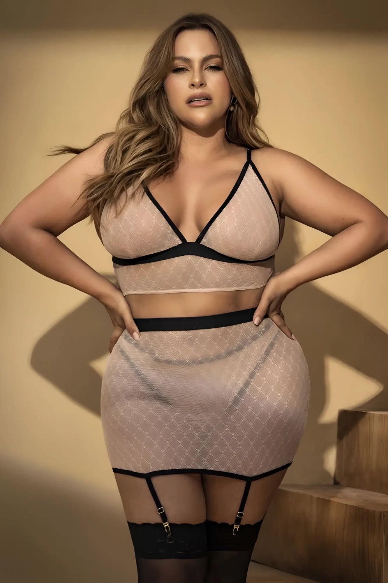 Beige mesh mapale 8776x two-piece lingerie set with black trim and garter straps in nude-black color