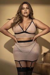 Beige mesh mapale 8776x two-piece lingerie set with black trim and garter straps in nude-black color