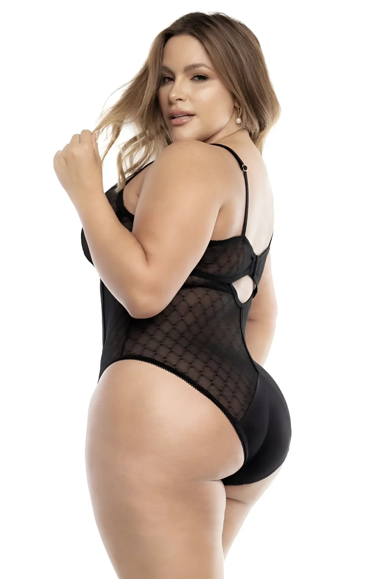 Back view of mapale 8781x black mesh bodysuit with solid back panel and adjustable straps