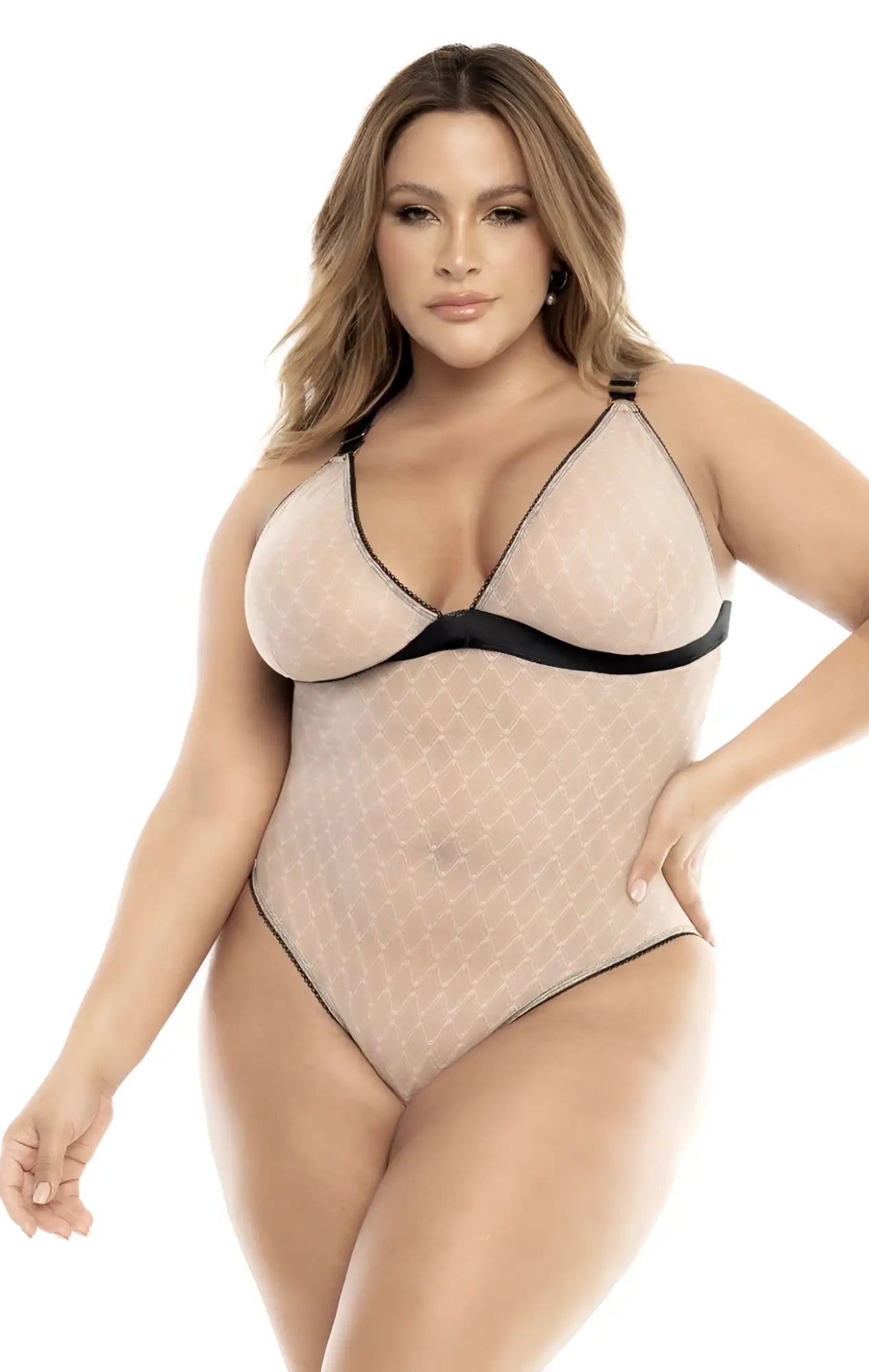 Beige sheer bodysuit with black trim and subtle dot pattern by Mapale 8782X in nude black color