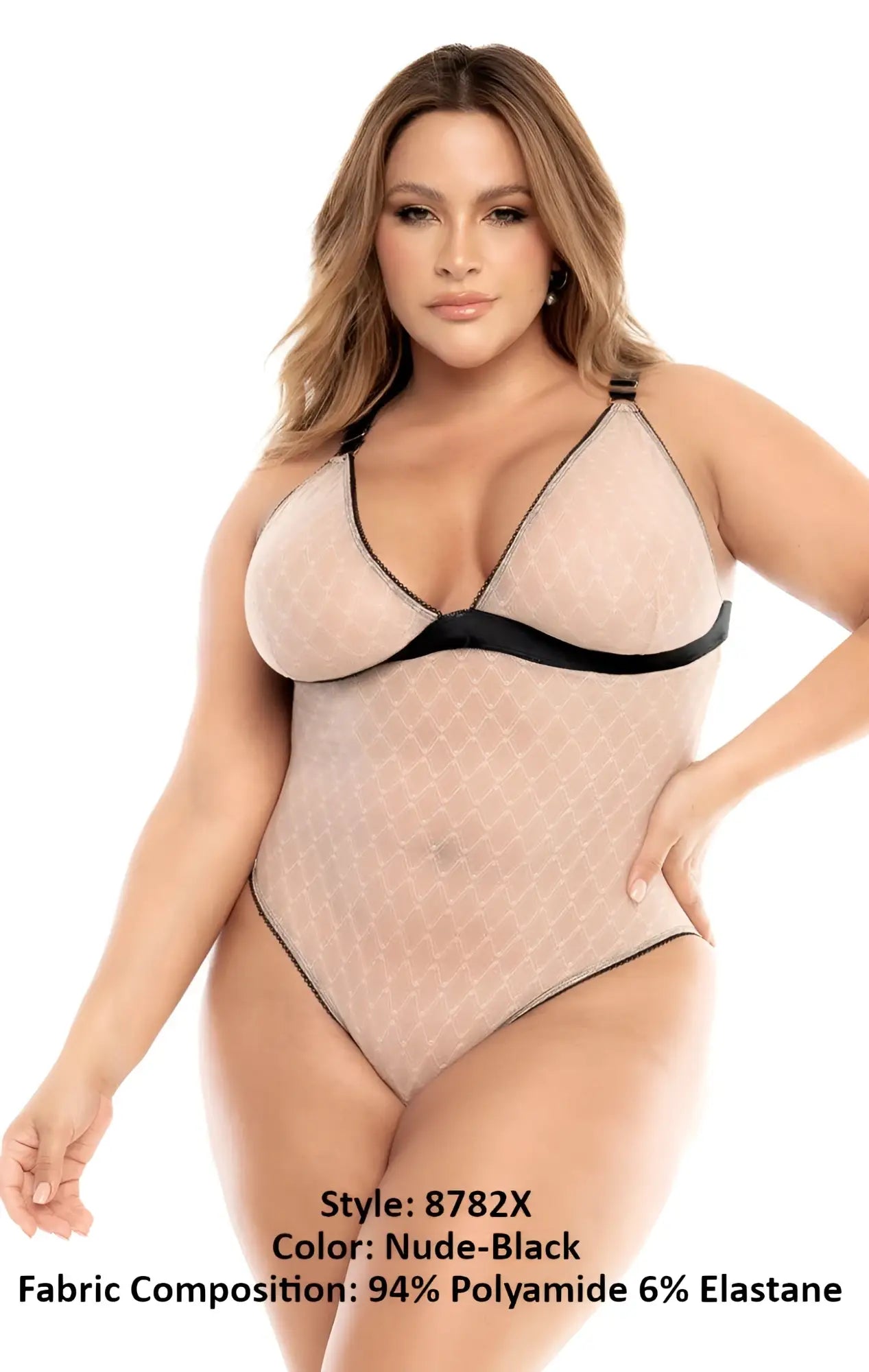 Nude and black mesh bodysuit with subtle diamond pattern by mapale 8782x featuring sheer fabric and elegant design