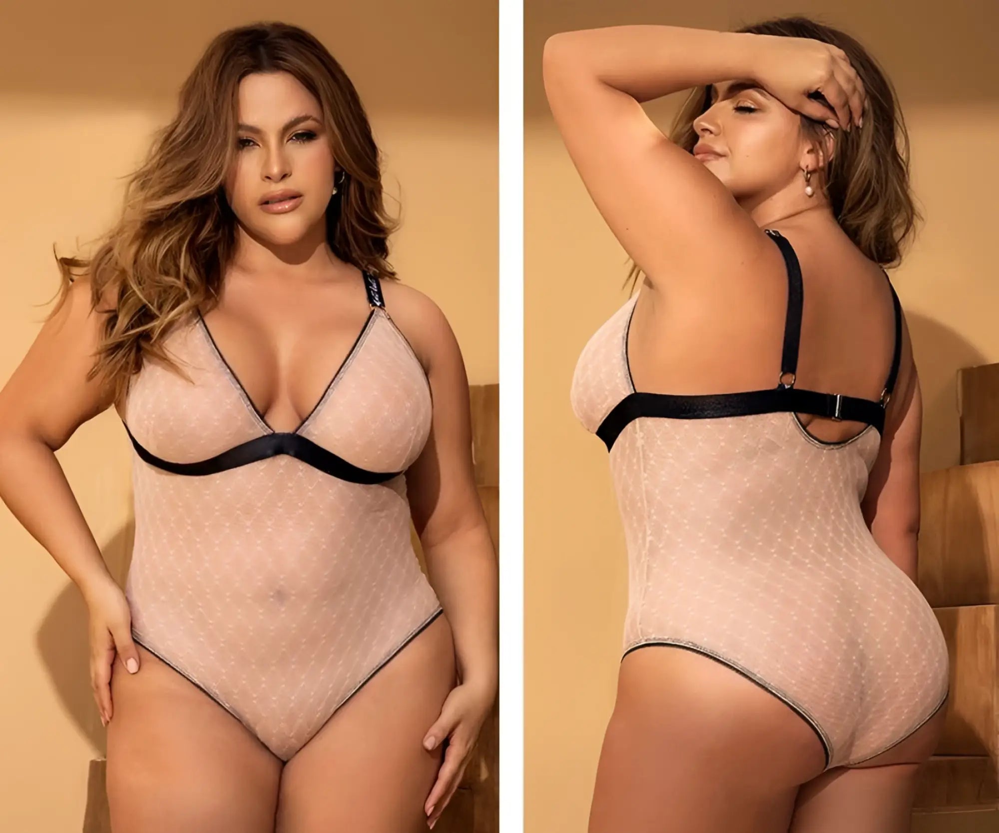Mapale 8782X plus-size bodysuit in sheer nude pink mesh with black satin trim and subtle dot pattern