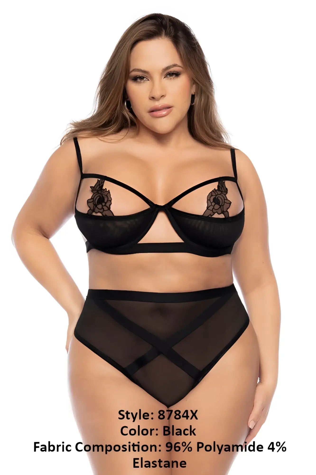Black lace lingerie two piece set with intricate floral embroidery and sheer mesh design by mapale 8784x in black
