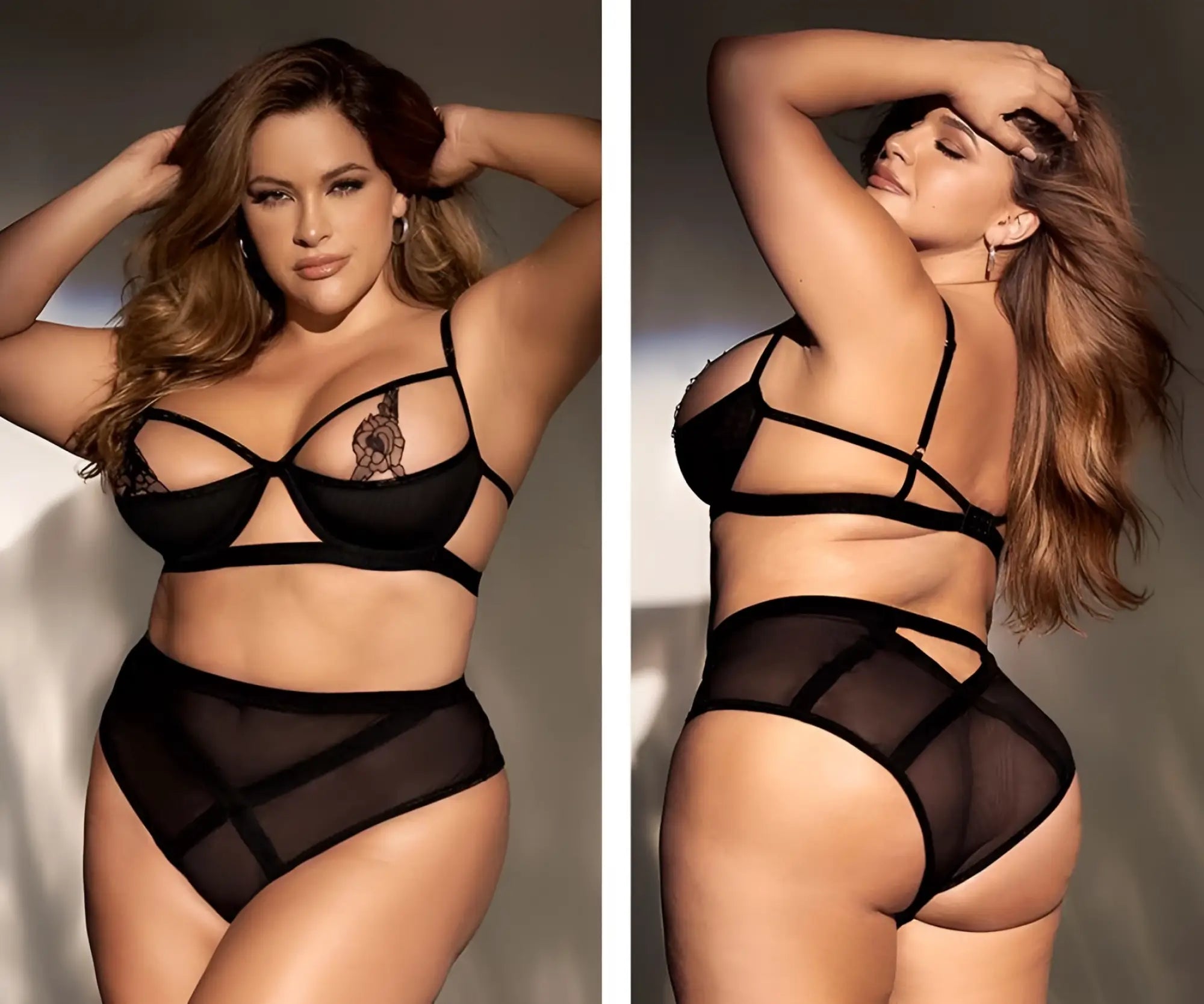 Black lace and mesh lingerie two piece set by mapale 8784x with crisscross straps and floral appliqué on bust