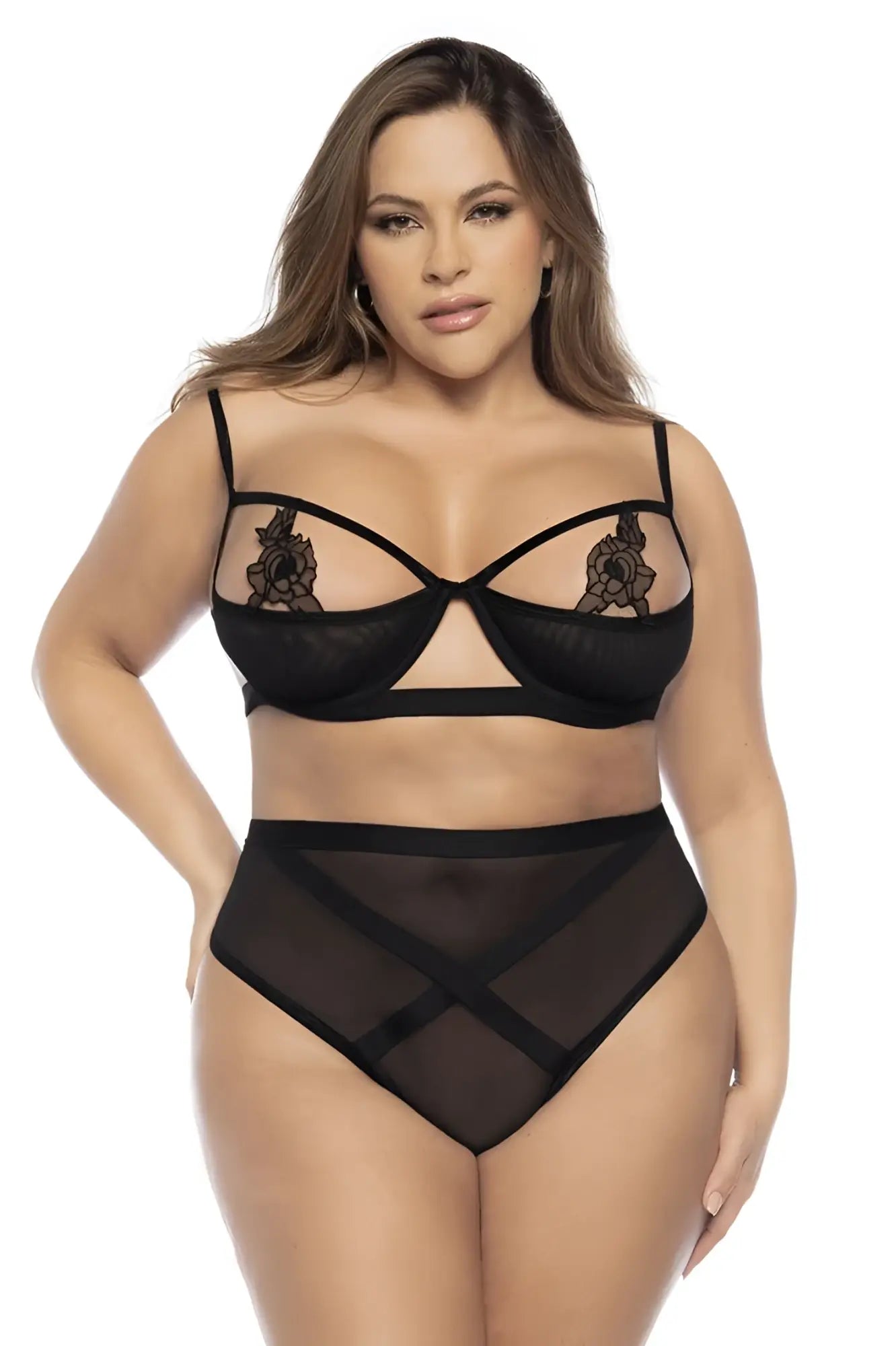 Black sheer lace lingerie two piece set by mapale 8784x with floral embroidery and crisscross high waisted bottoms