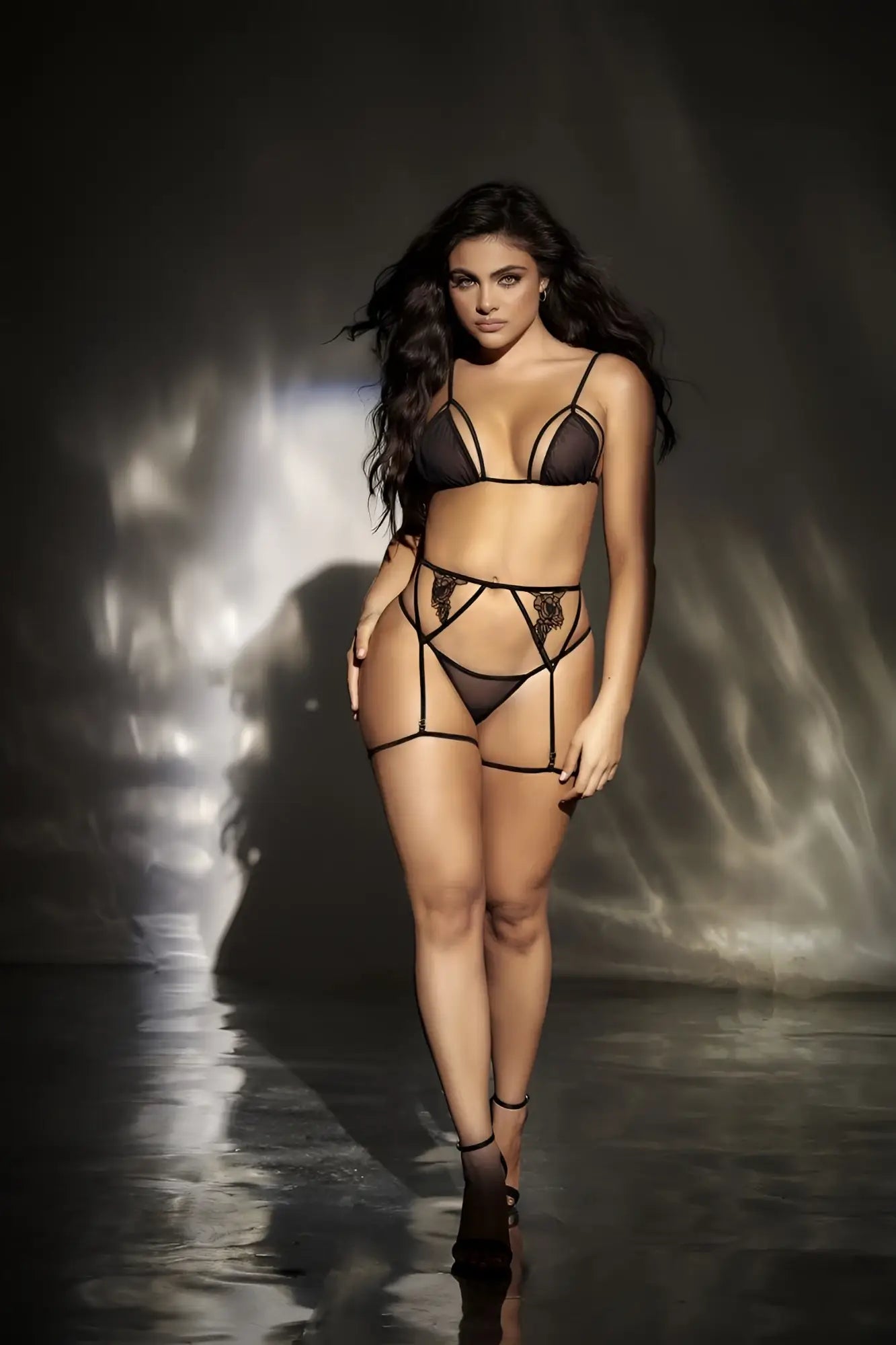 Black lace lingerie set mapale 8785 with intricate floral detailing and strappy form-fitting design in black