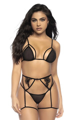 Black lace lingerie set mapale 8785 with intricate floral detailing and sheer mesh panels in black color