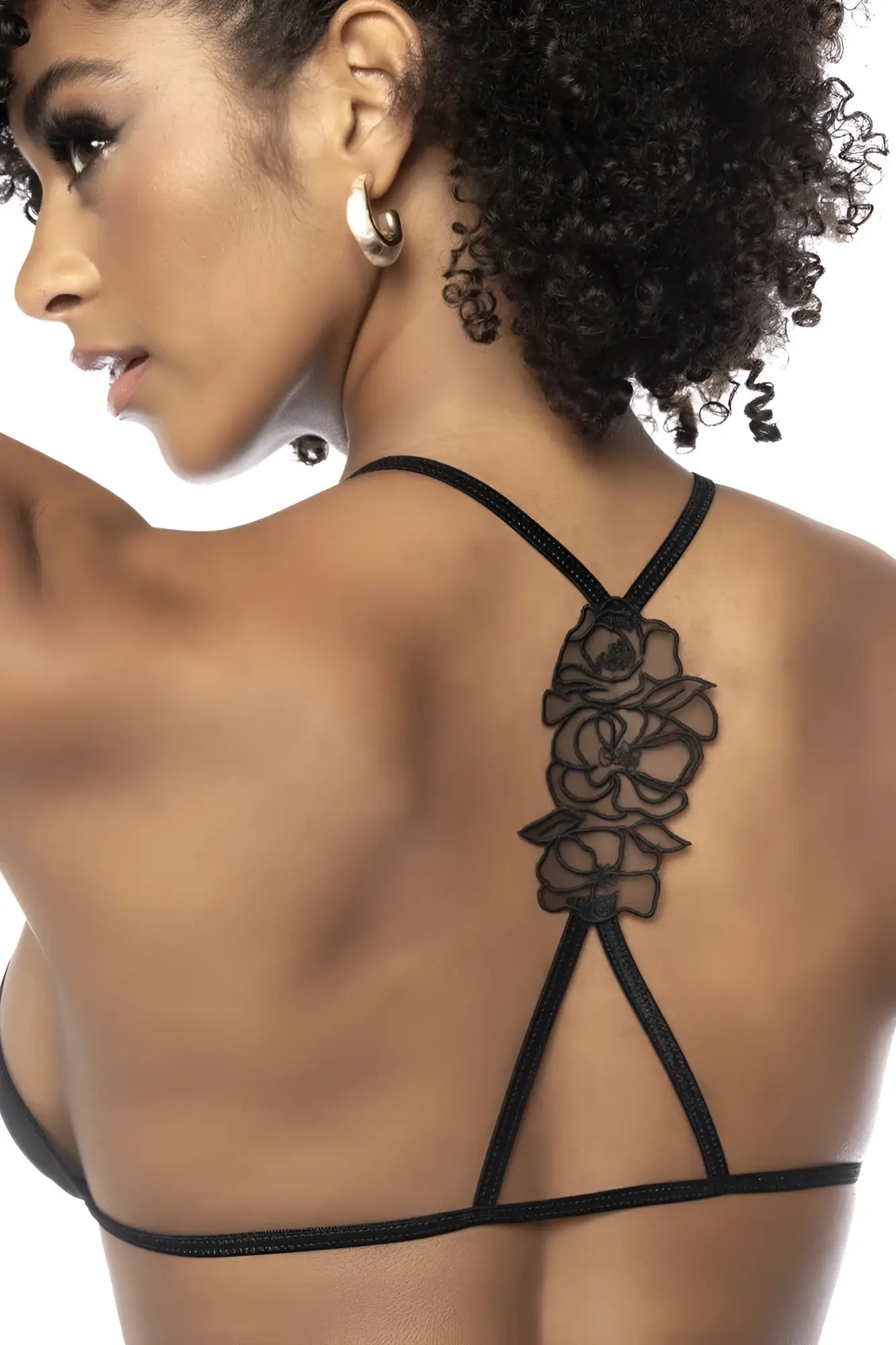 Black lace floral back strap bra with delicate rose detailing from mapale 8786 three piece set in black shown from back