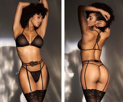 Black lace-trimmed sheer lingerie three piece set with floral detailing and adjustable straps by Mapale 8786 in black