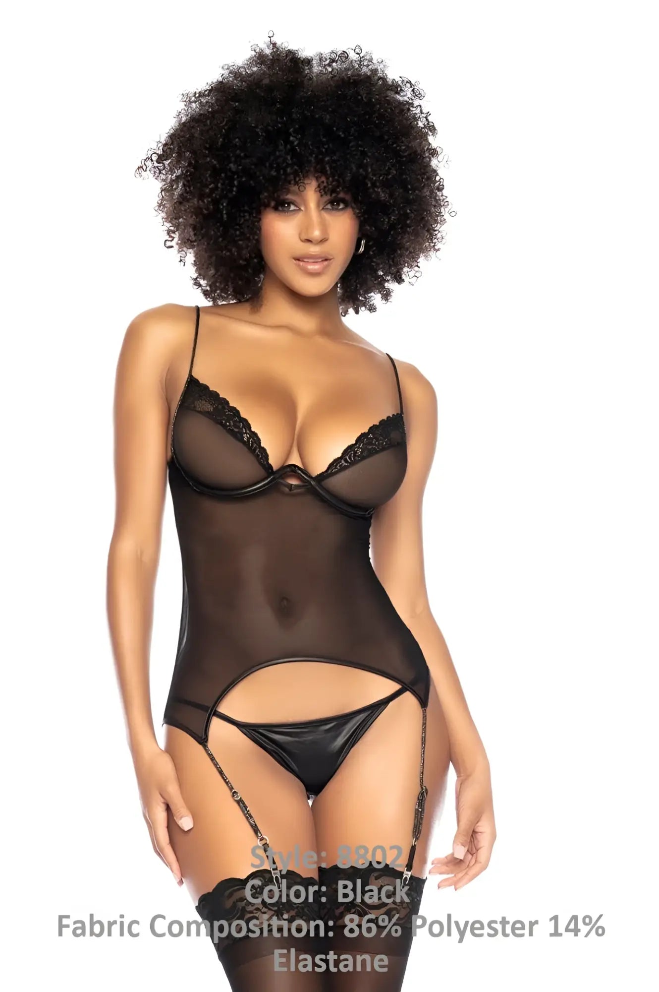 Black sheer bodysuit with lace trim and matching garter belt in mapale 8802 two piece set color black