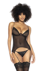 Mapale 8802 two piece set black sheer bodysuit with lace trim and adjustable straps paired with leather thong