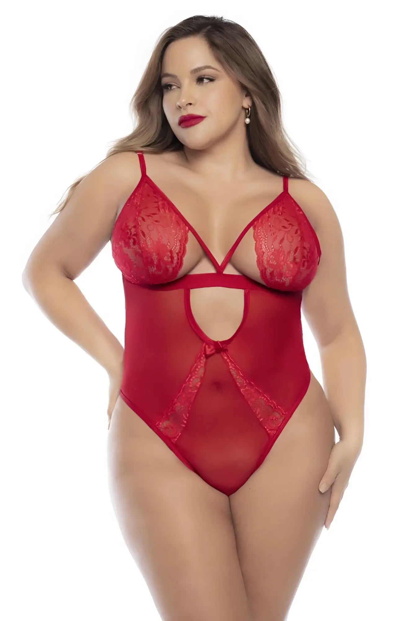 Red lace Mapale 8814X teddy bodysuit with sheer mesh panels and central bow detail in red color