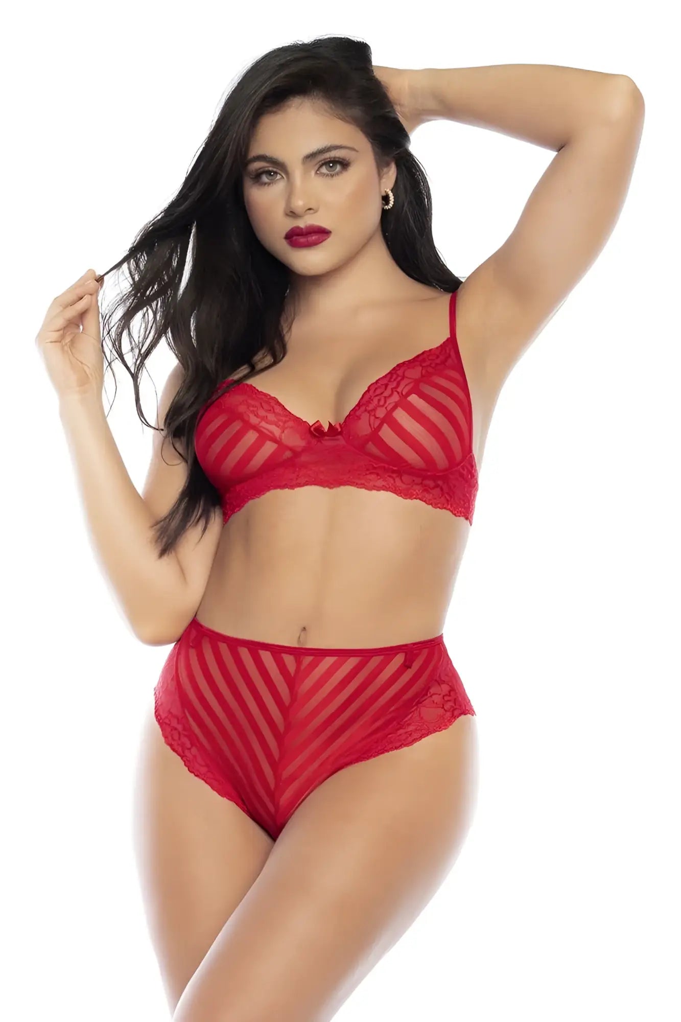 Red lace bra and matching high-waisted panties with diagonal sheer mesh panels in mapale 8815 two piece set color red