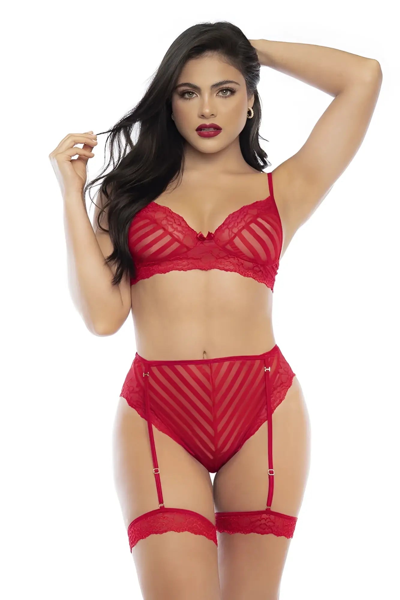 Mapale 8815 red two piece lingerie set with sheer mesh panels and garter straps in red lace material