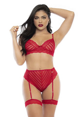 Mapale 8815 red two piece lingerie set with sheer mesh panels and garter straps in red lace material