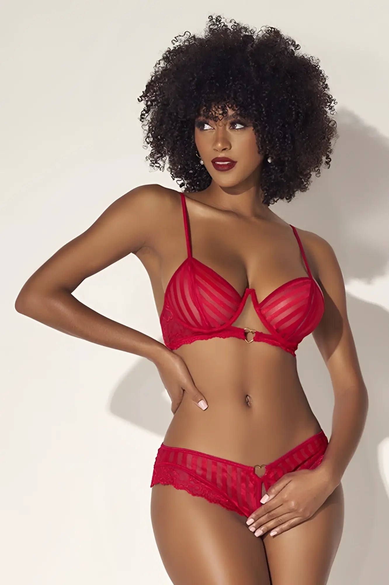 Red lace bra and matching panties set with thin straps and heart-shaped metal clasp by mapale 8816 two piece set red