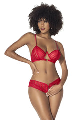 Red lace lingerie two piece set by Mapale 8816 with thin straps and central metallic clasp in red