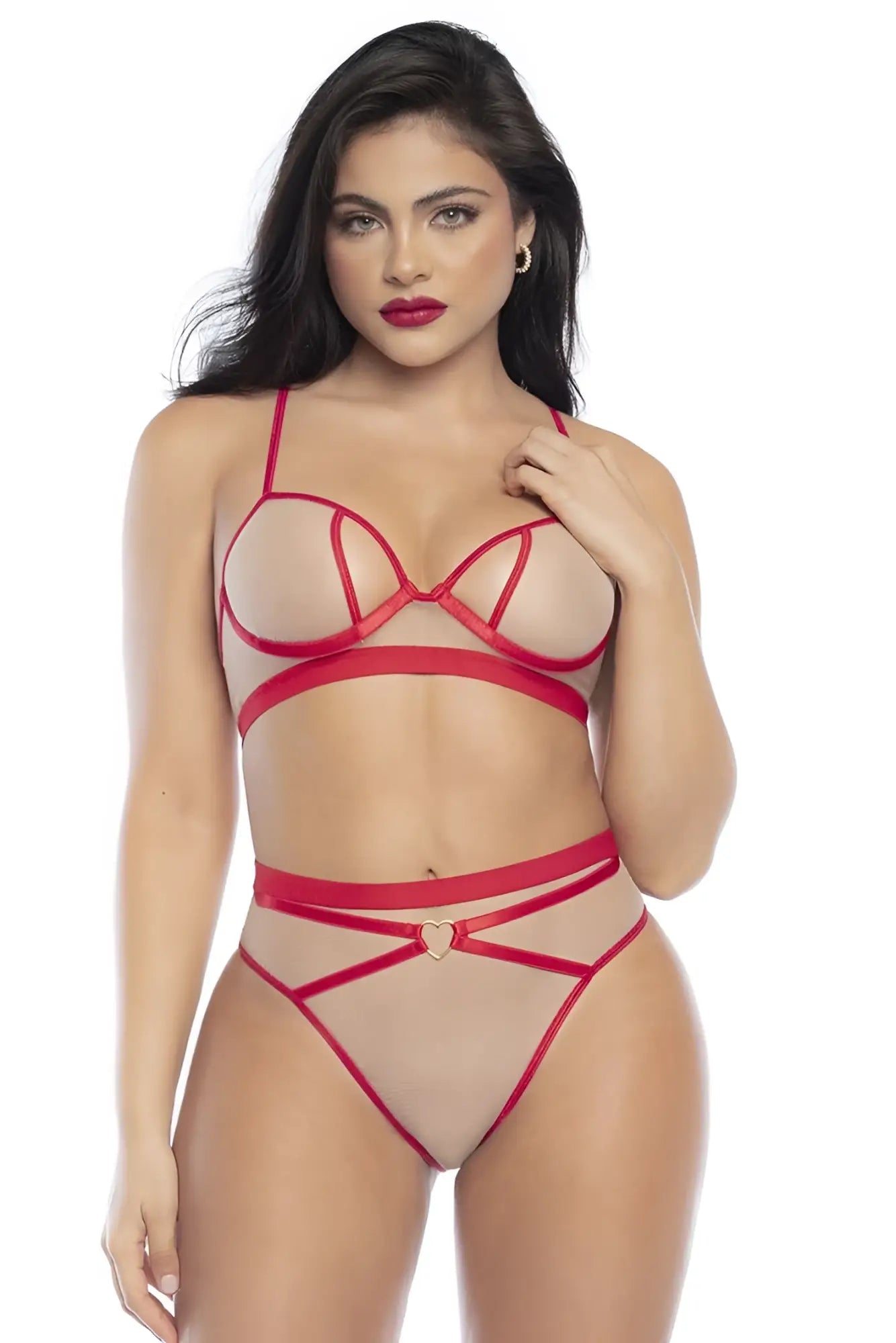 Red lace lingerie two piece set with sheer mesh panels and heart-shaped clasp at waistband in nude-red color by mapale