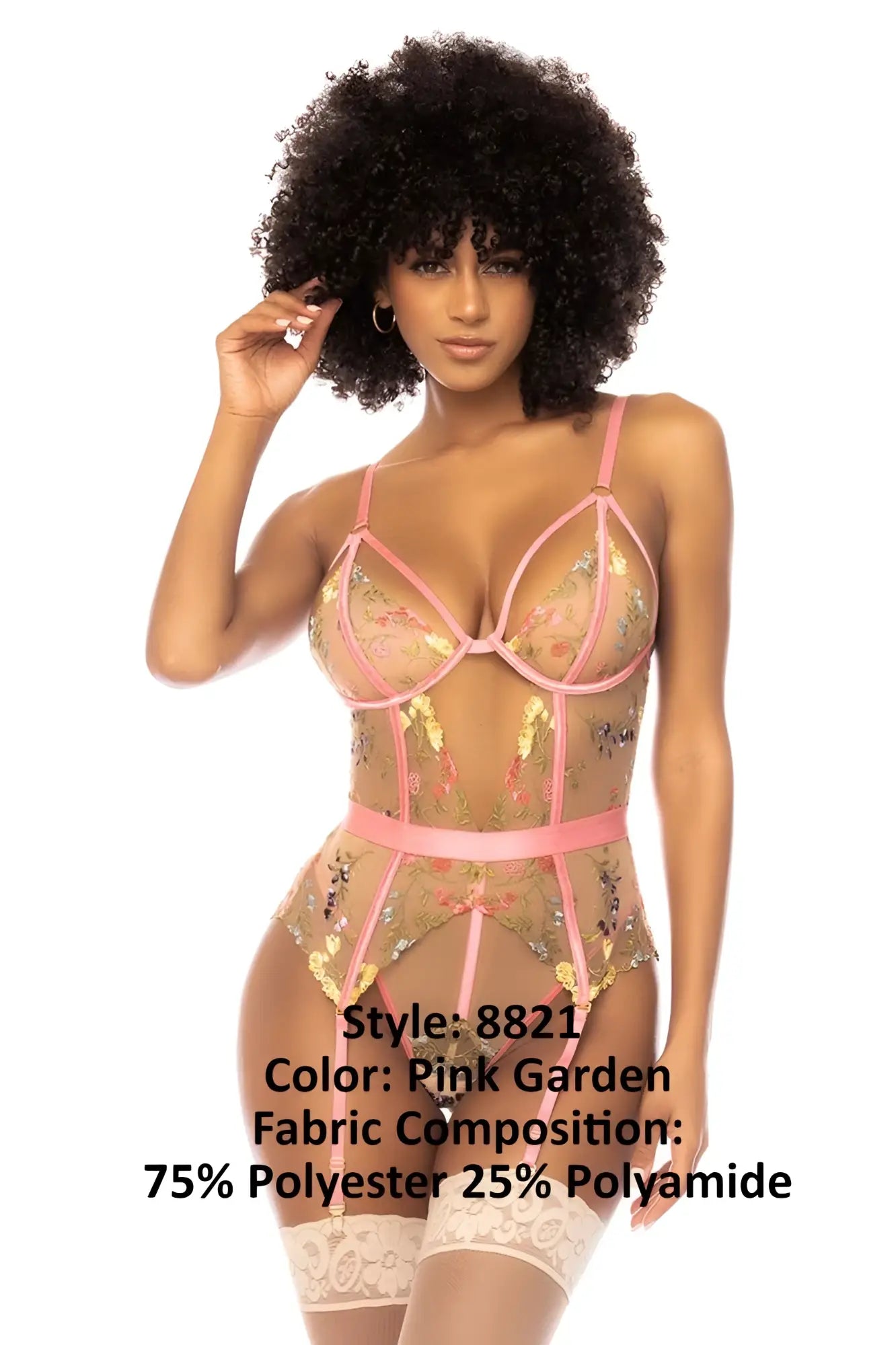 Pink garden lace bodysuit by Mapale with gold floral embroidery and pink straps in color pink garden