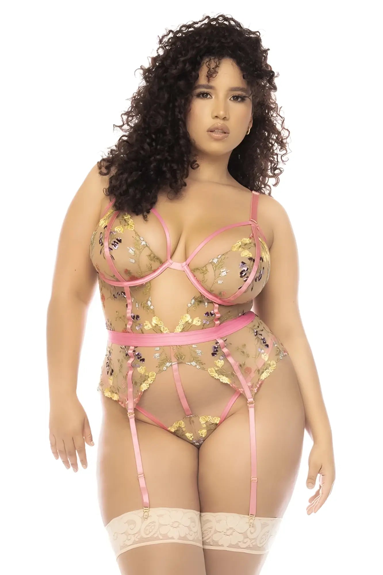 Mapale 8821X Sydney bodysuit plus pink garden floral lace lingerie set with gold accents and matching suspenders