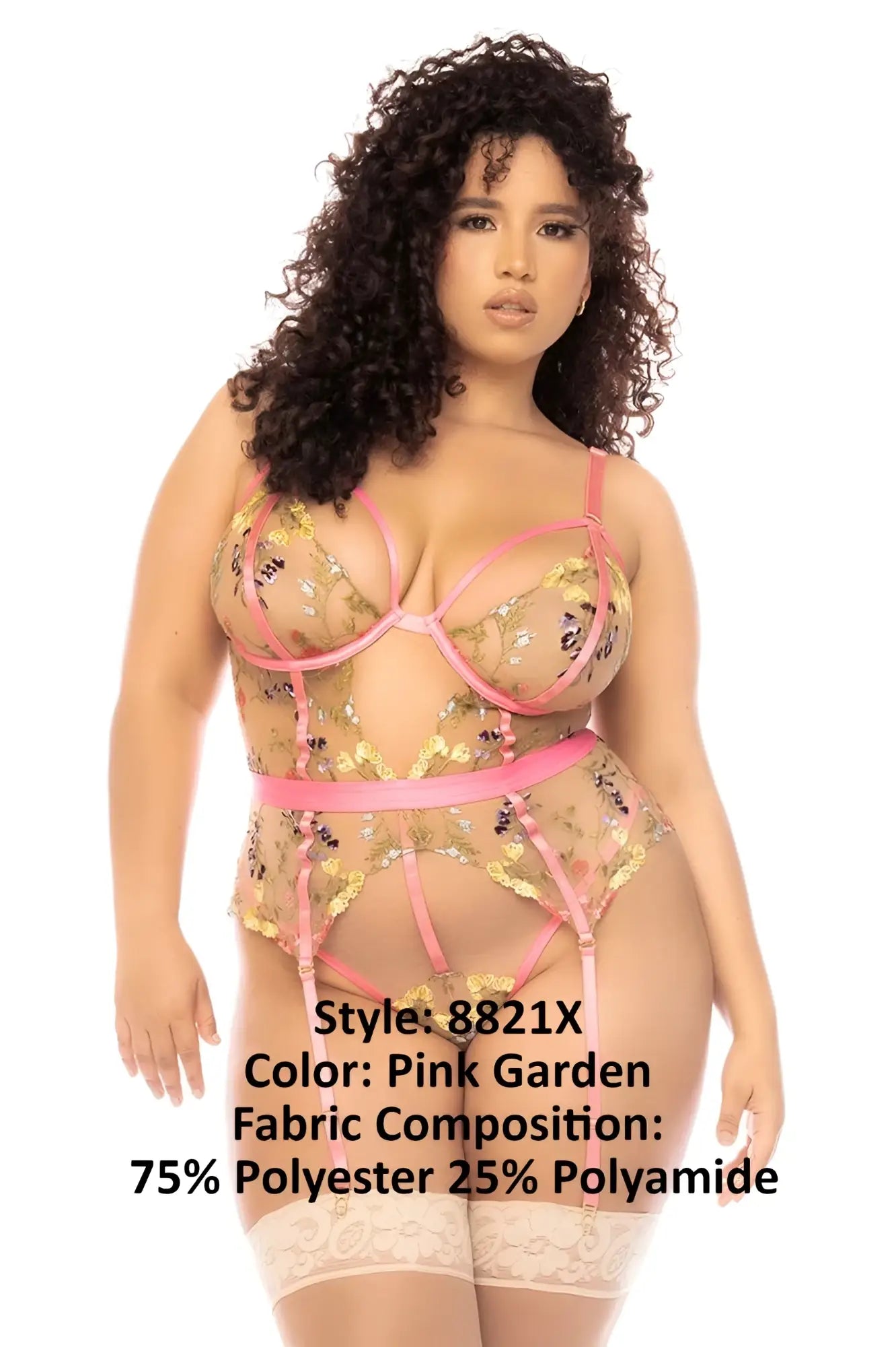 Pink garden lingerie bodysuit with sheer mesh gold floral embroidery and pink satin straps by mapale 8821x