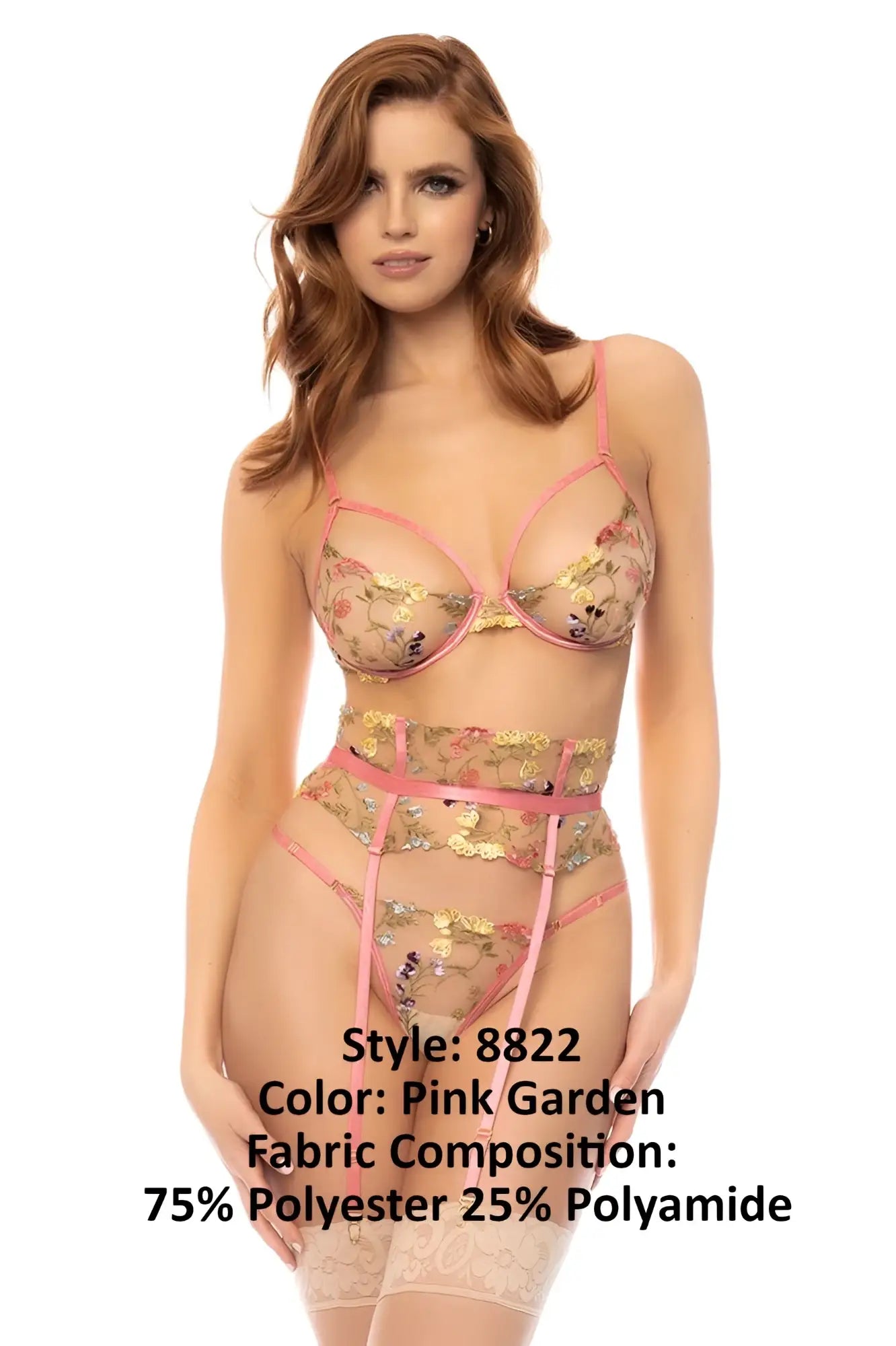 Pink garden lace lingerie set by mapale featuring floral embroidery sheer mesh detailing in color pink garden