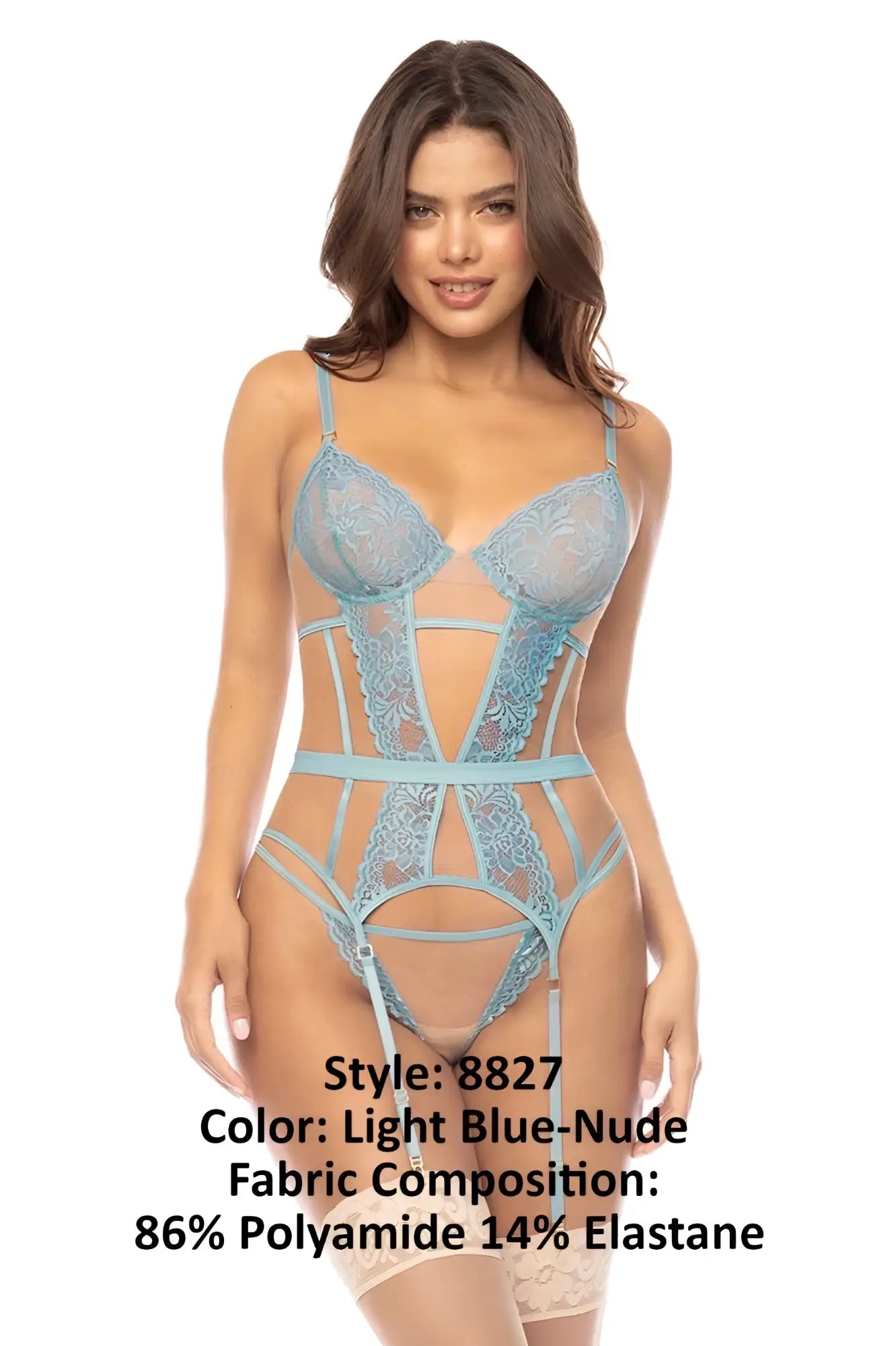 Light blue-nude lace bodysuit with sheer panels and intricate embroidery in the mapale 8827 danna two piece set