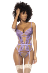 Purple lace bodysuit with sheer panels and matching garter straps from mapale 8827 danna two piece set lilac nude