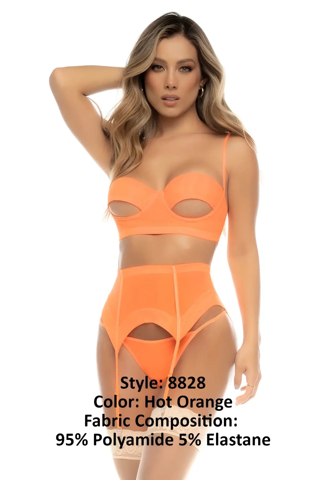 Hot orange lingerie set by Mapale featuring cutout bra and high-waisted garter belt in a three piece design