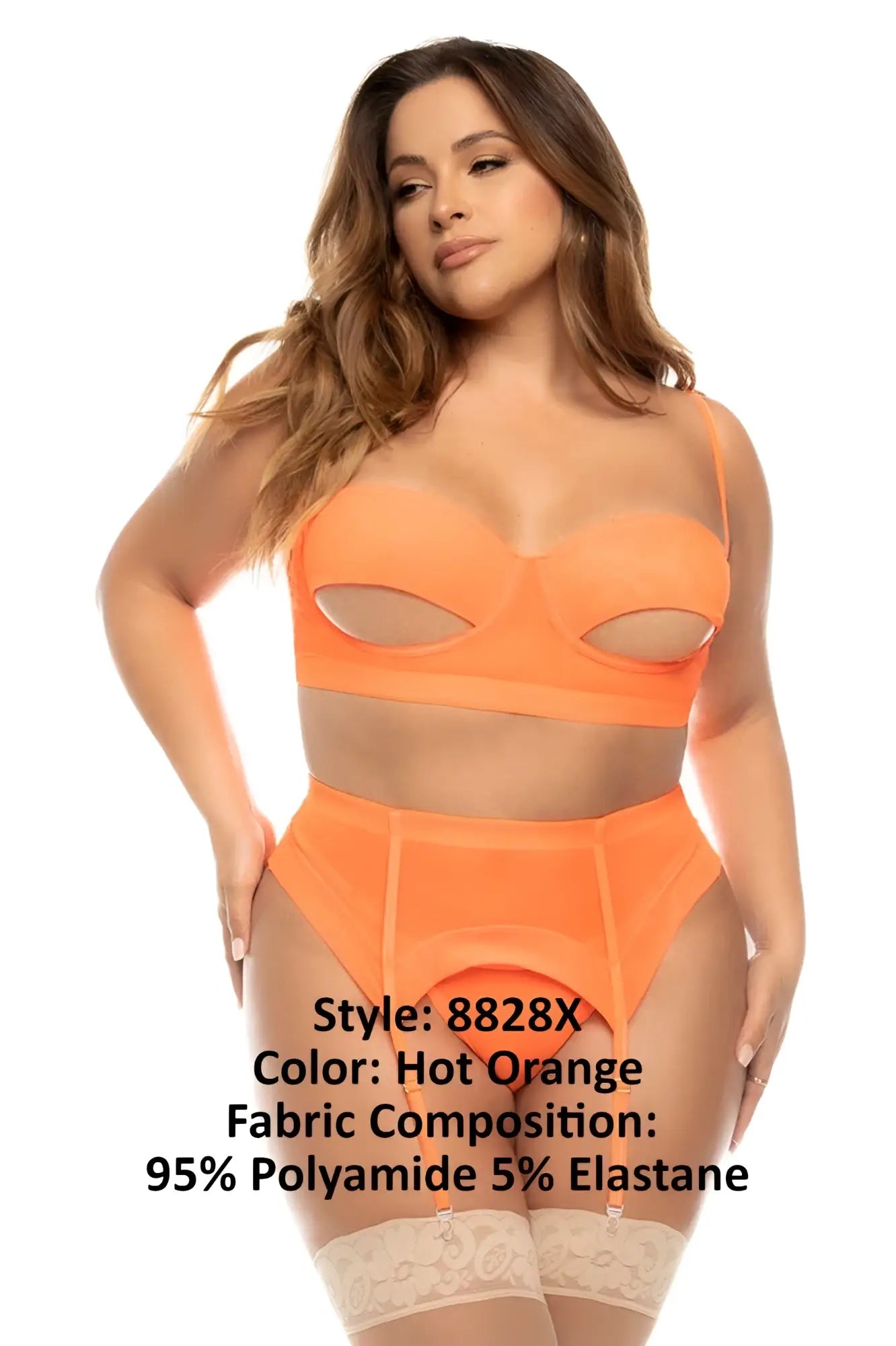 Hot orange lingerie set featuring a cutout bra and high-waisted briefs made from polyamide and elastane by mapale
