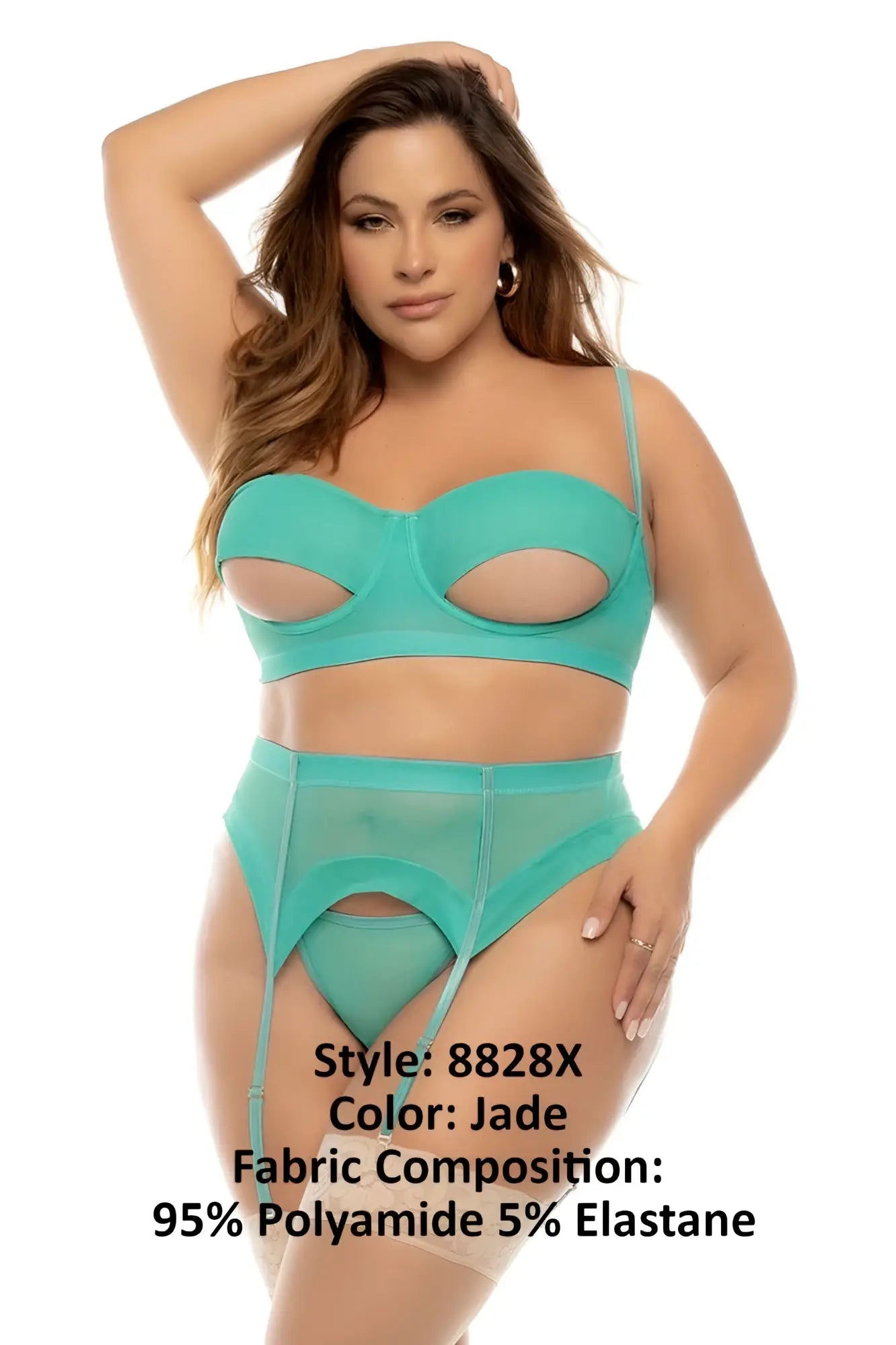 Mapale 8828X Sasha three piece sheer jade lingerie set with cutout design and adjustable straps for plus size