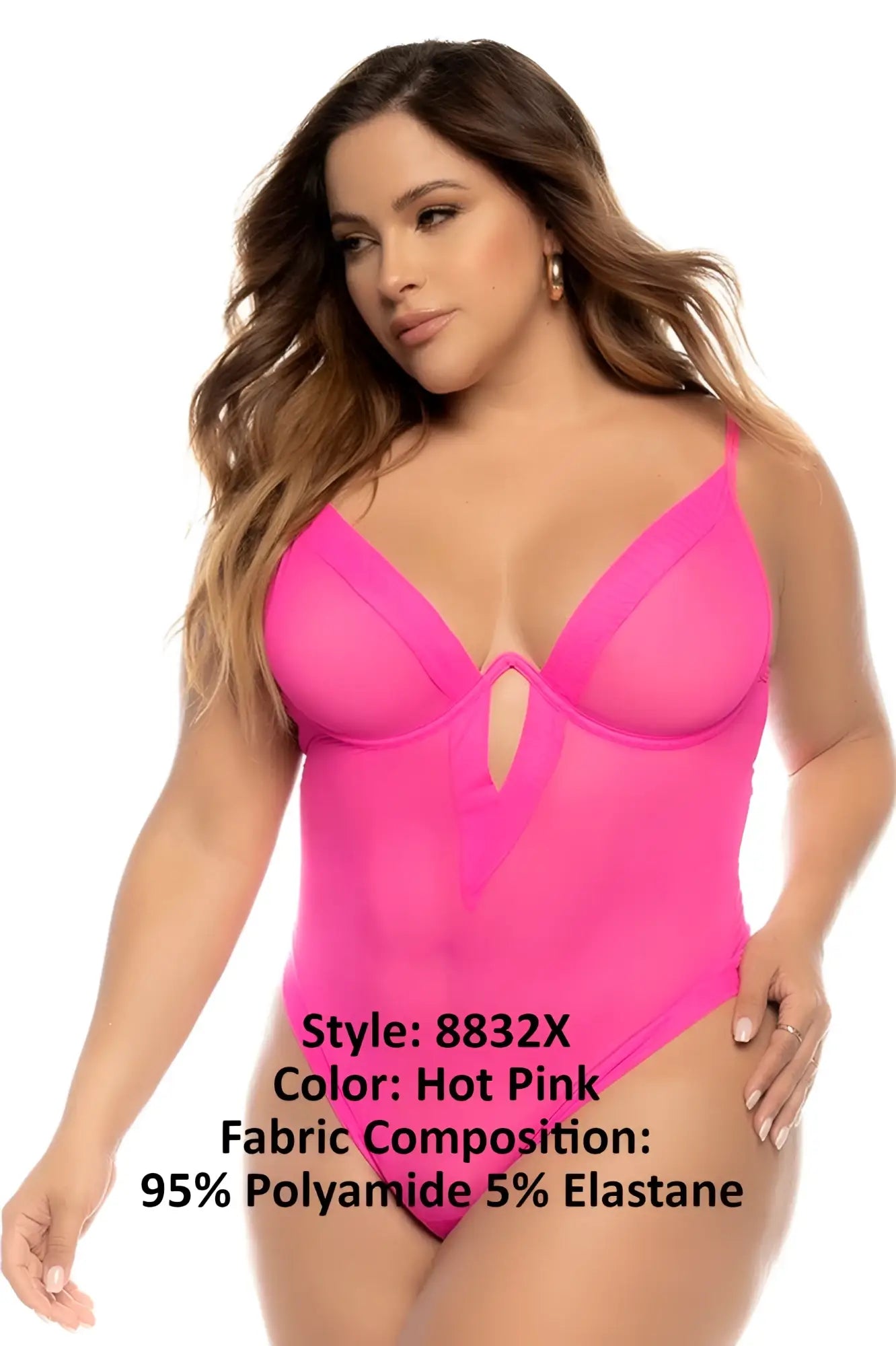 Hot pink mapale 8832x debra bodysuit one-piece swimsuit with sheer mesh panels and central keyhole cutout