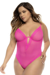 Mapale 8832X Debra bodysuit in hot pink sheer fabric with plunging neckline and side cutouts one-piece design